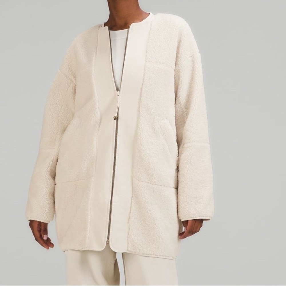 Lululemon Collarless Sherpa Textured Fleece Full Zip Coat Jacket Size 14. EUC